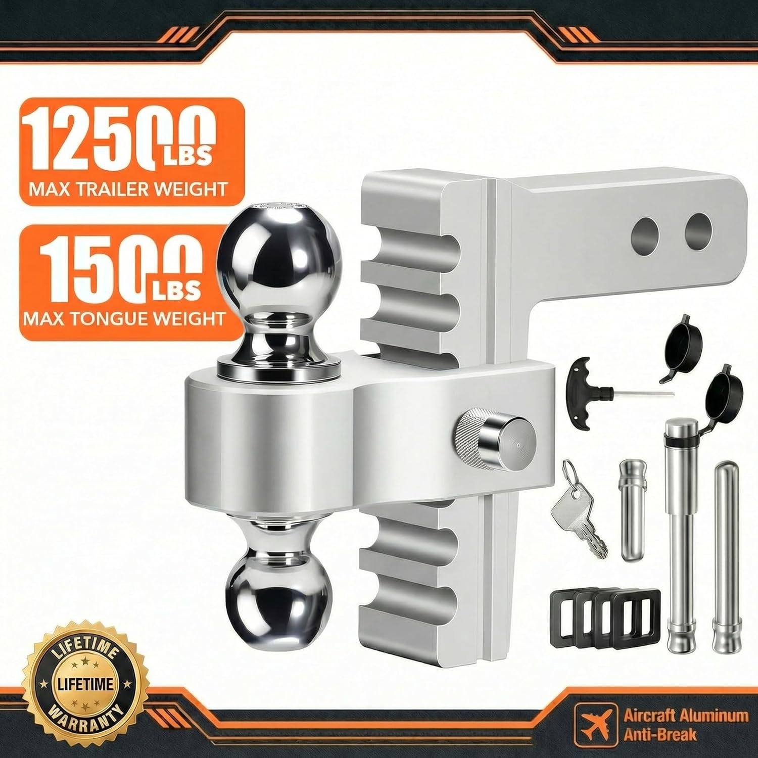 Adjustable Trailer Hitch, Fits 2-Inch Receiver, 6-Inch Drop/Rise for Trucks (12500 LBS GTW), Heavy Duty Aluminum Tow Hitches with 4 Silencer Pads & 2 Locking Hitch Pin, Silver