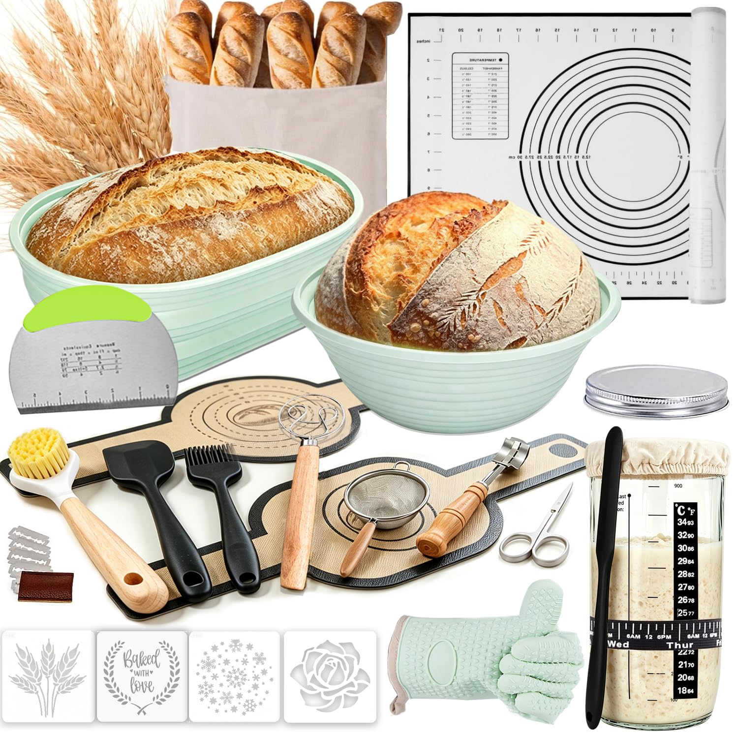 30Pcs Sourdough Starter Kit, Round & Oval Silicone Bread Proofing Basket, 1000ml Sourdough Starter Jar Kit, Bread Sling, Dough Whisk, Scrapers, Stencils, Ideal for Home Bakers & Beginners