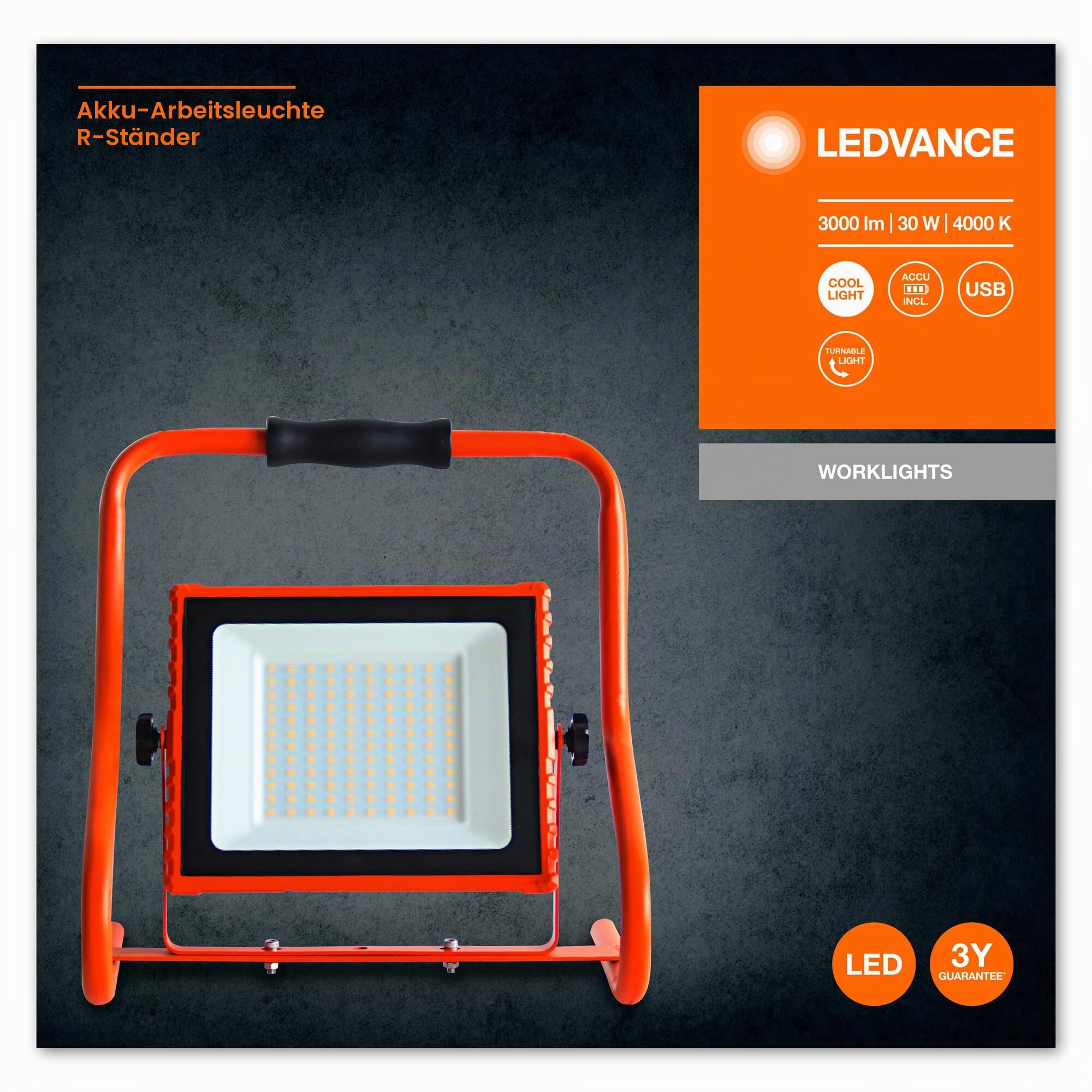 LEDVANCE Worklight - LED Stableuchte 10W mit Akku, Strahler mit 4000K kaltweiß, 800 Lumen, LED Werkstattleuchte flexibel einsetzbar dank schwenkbarem Leuchtkopf, LED Lampe, IP44