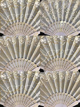 12 Pc/Assorted Spanish Style White and Gold Glitter Hand Fan for Outdoor Event with Organza Gift Bag/Table Setting/Wall Decoration/