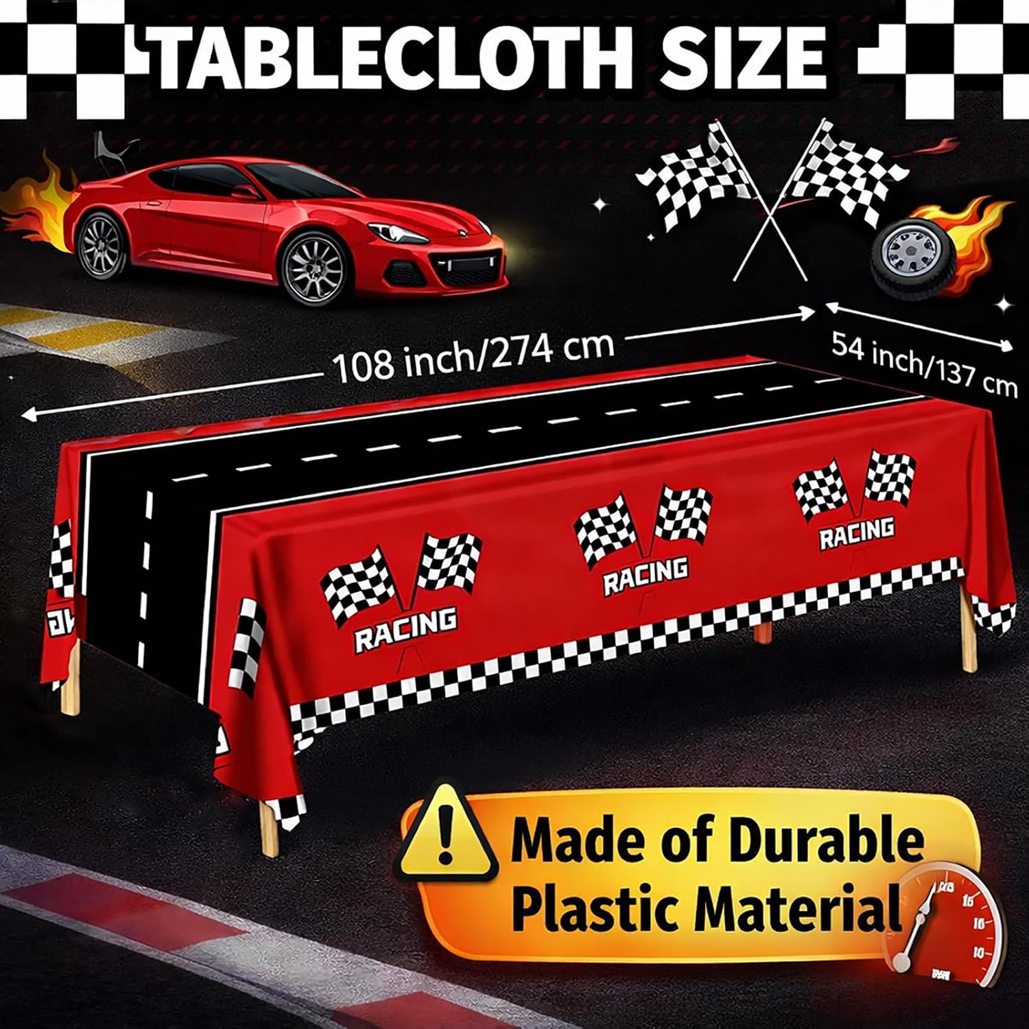 4 Pack Racing Car Tablecloth - Race Car Birthday Party Decorations Racetrack Rectangular Tablecloth - Checkered Table Cover for Race Car Theme Party, 54 x 108 Inch