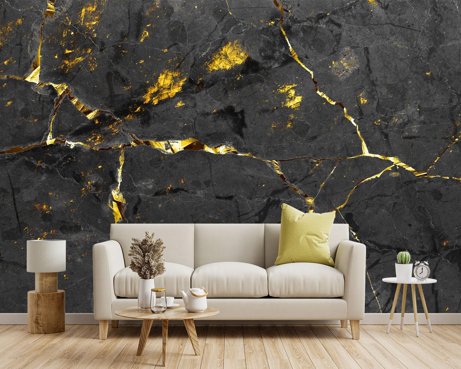 -Black and Gold Marbled Fabric Wallpaper Dark Abstraction Art Living Room Bedroom Bathroom Wall Mural- 137"x96"（ not Peel and Stick）