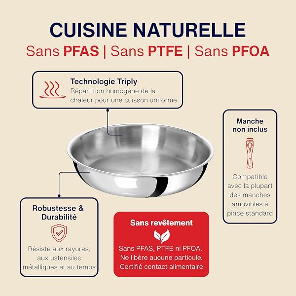 Poêle Inox 18/10 Triply – 24 cm – Sans Manche – Sans Revêtement – Sans PFAS, PFOA, PTFE – Compatible Tous Feux Dont Induction – Cuisson Saine et Durable - 2