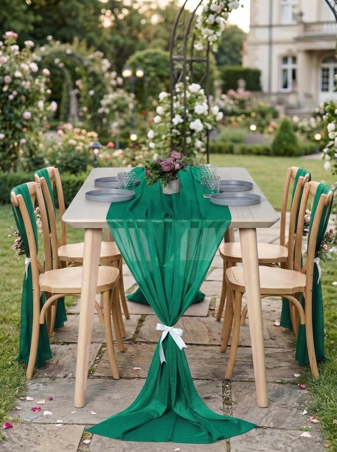 MDS 10 Pack 10ft Chiffon Table Runner 29 x120 Inches Sheer Wedding Runner Romantic Rustic Table Runner for Wedding Decorations, Birthday Parties, Bridal Shower Party Arch Decor - Emerald Green