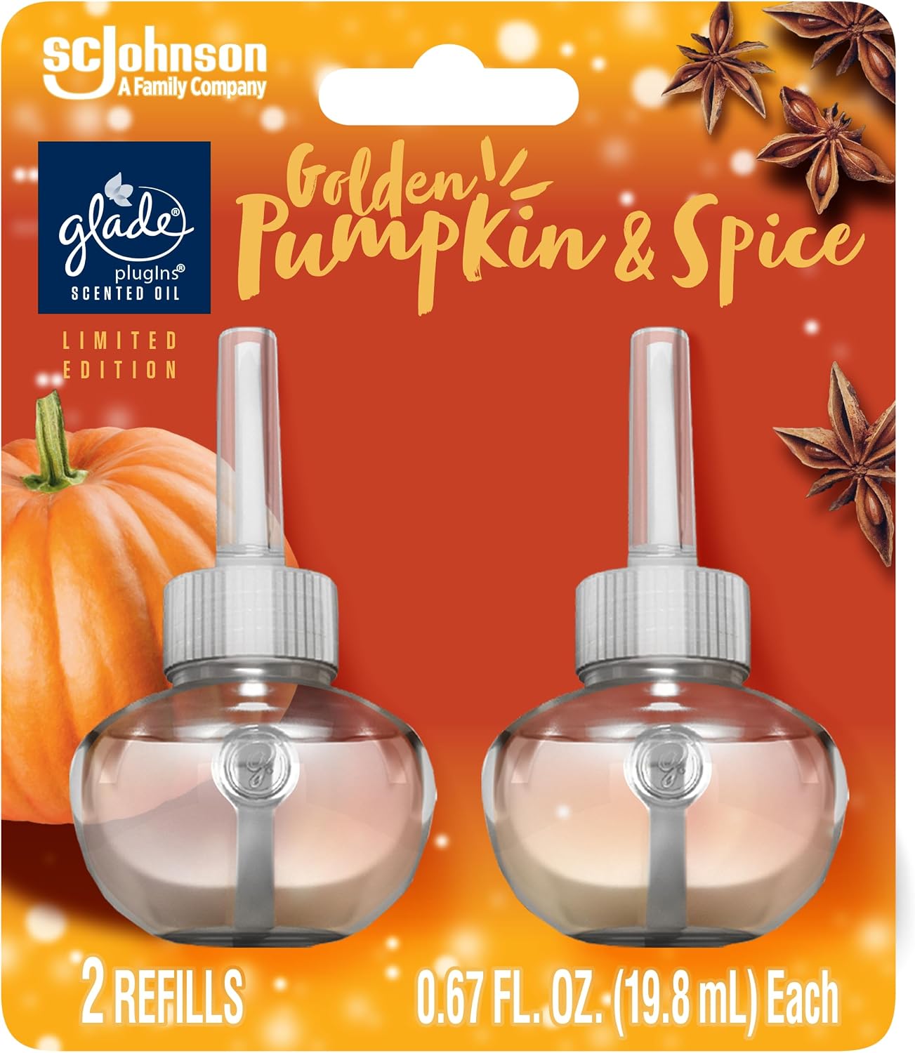 Glade PlugIns Refills Air Freshener, Scented and Essential Oils for Home and Bathroom, Golden Pumpkin & Spice, 1.34 Fl Oz, 2 Count