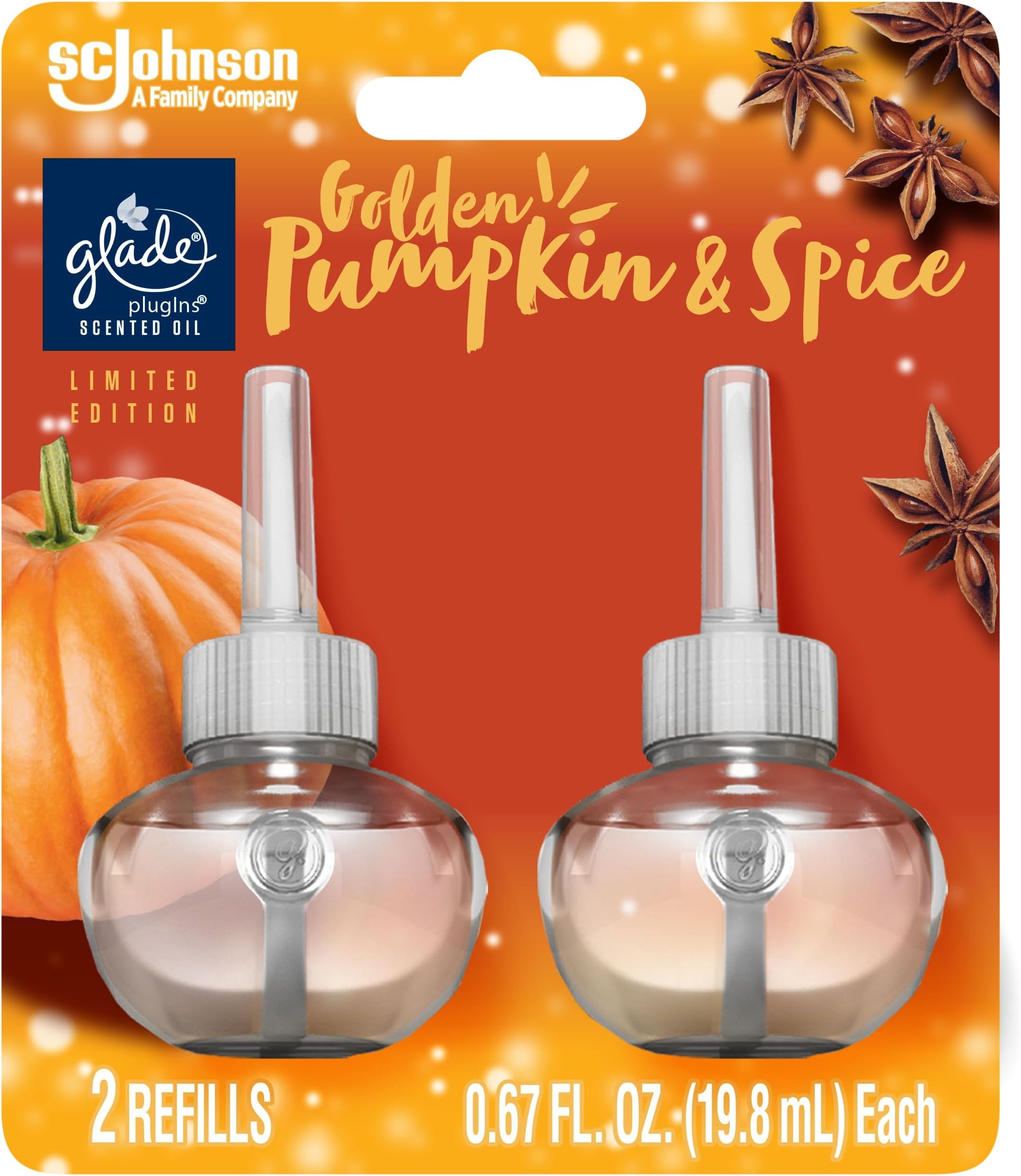 PlugIns Refills Air Freshener, Scented and Essential Oils for Home and Bathroom, Golden Pumpkin & Spice, 1.34 Fl Oz, 2 Count