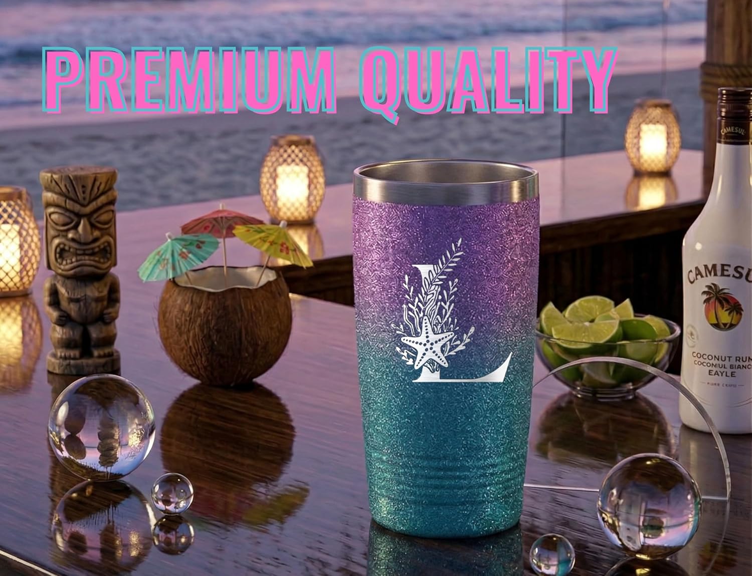 Onebttl Personalized Beach Gifts for Women, Monogrammed 20oz Stainless Steel Tumbler with Laser Etched Initials for Coworkers, Friends, Glitter Purple & Blue, J