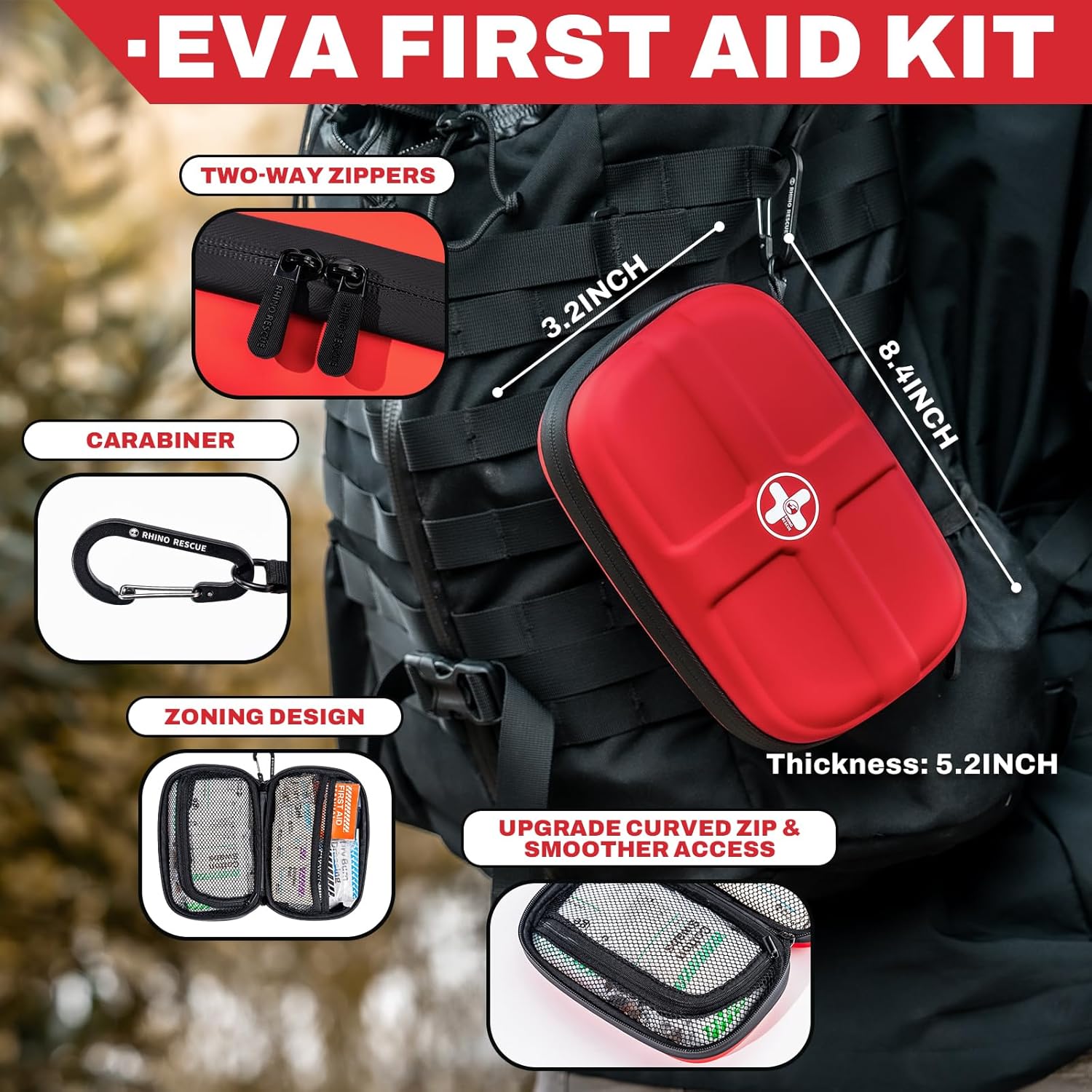 RHINO RESCUE EVA First Aid Kit, Small Waterproof Emergency Hiking First Aid Kit for Backpacking, Medical Kit for Travel, Home, Car, College Dorm Room, Camping, Boat, Back to School (Red) - Image 3