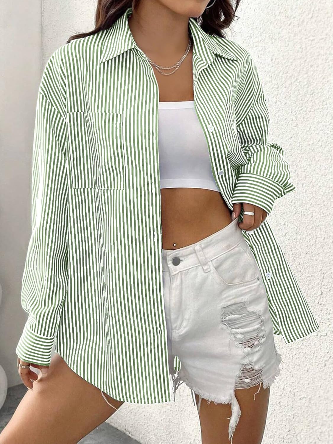Besshopie Womens Button Down Shirts Stripe Long Sleeve Blouse Casual Work Office Shirt Oversize Tops - Image 3