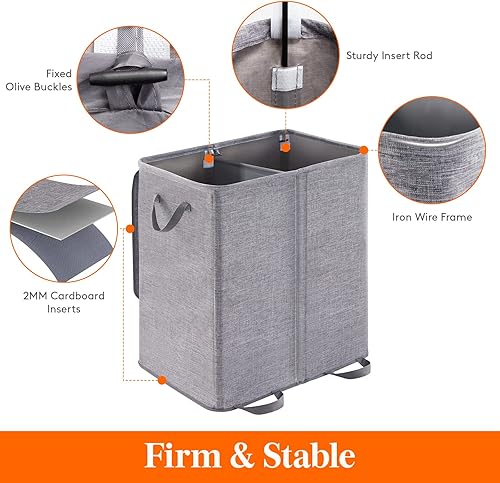 Miniatura 2 de Lifewit - Cesta de lavandería doble con tapa y bolsas de lavandería extraíbles, gran cesta plegable con 2 divisores y asas, para habitación,