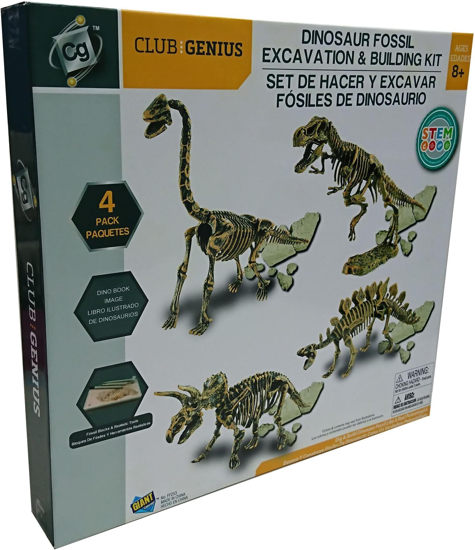 CLUB GENIUS FF253 4 Pack Dinosaurs Skeleton Excavation Kit Set, Fossil Block is White, Tools is Brown Color, 7.4" x 2.5" x 6.2", Fossil Block is White/Tools is Brown Color