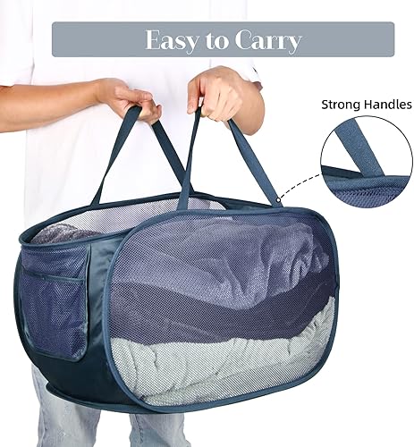 Miniatura 5 de Cestas de lavandería plegables duraderas, cesta de lavandería desplegable de malla con bolsillo lateral, cesta de ropa plegable con asas de