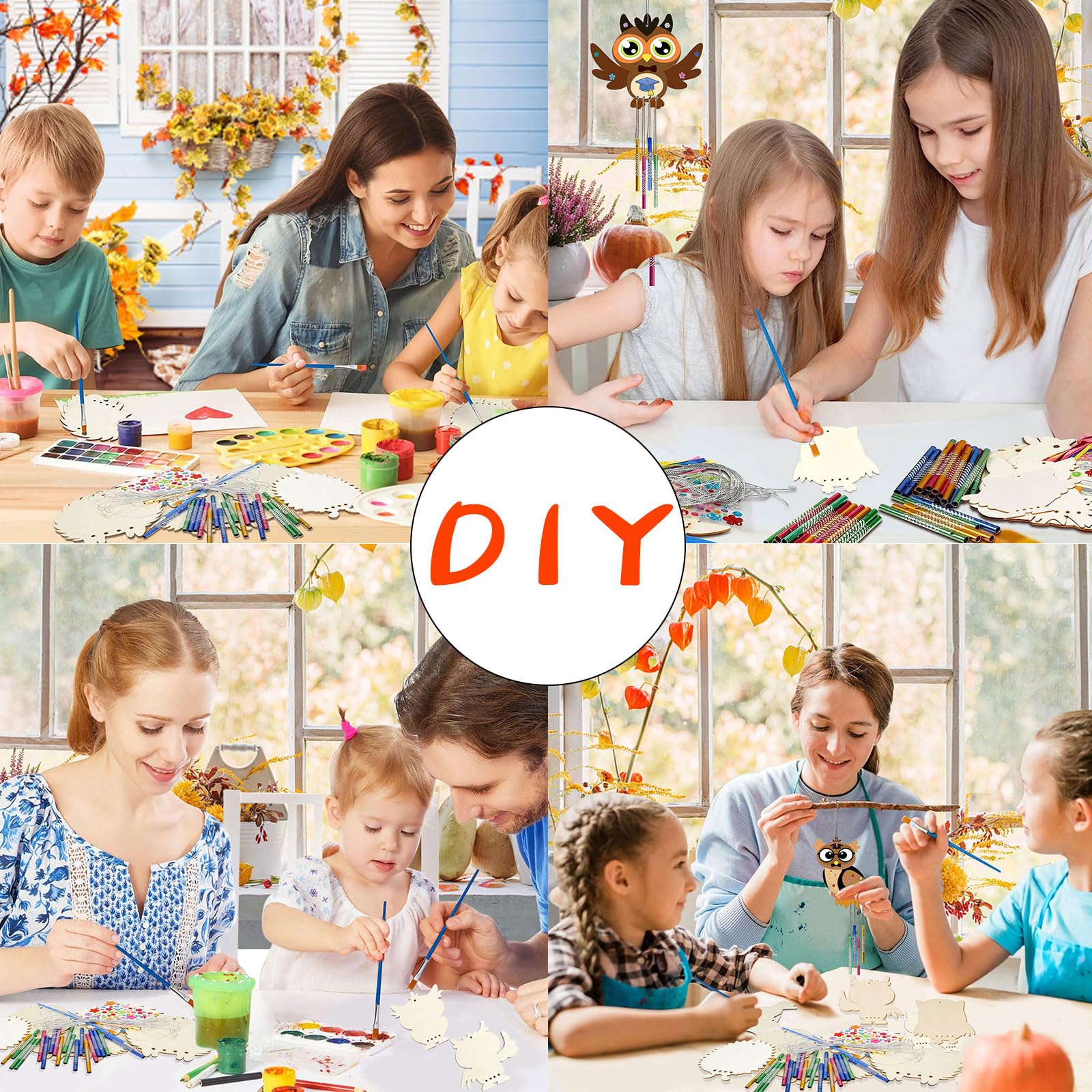 Kit DIY Carillons à Vent Chouettes En Bois - 6 Hiboux à Peindre + 24 Tubes - Activité Enfant Thanksgiving, Automne