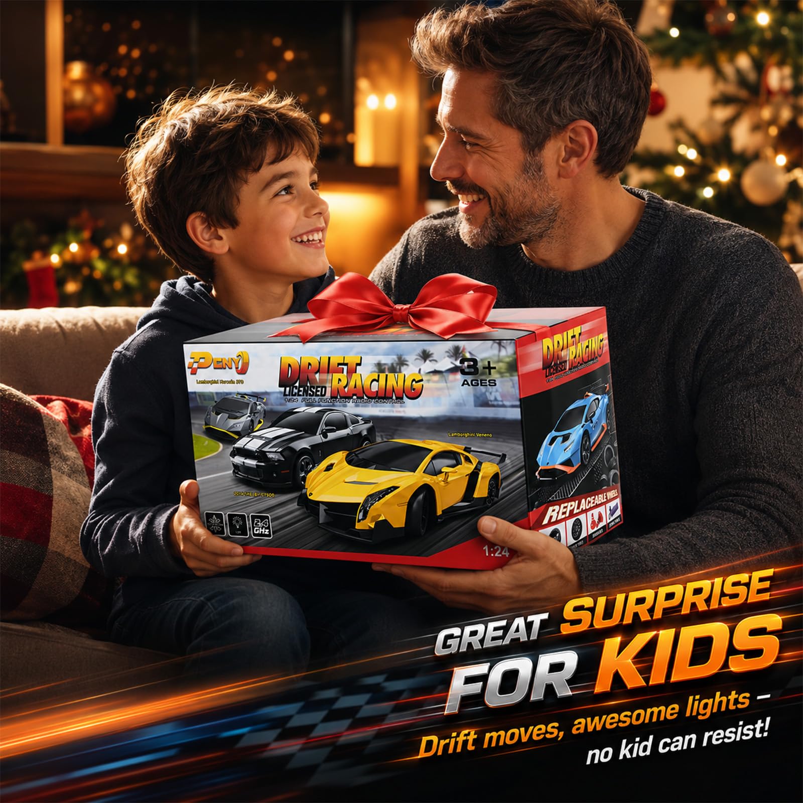 Lamborghini - Auto telecomandata, 1:24 ad alta velocità, con valvola a farfalla completamente proporzionale e luci LED, corsa 25 km/h, auto Lamborghini RC Drift per ragazzi dai 6, 7, 8, 9, 10, 11, 12