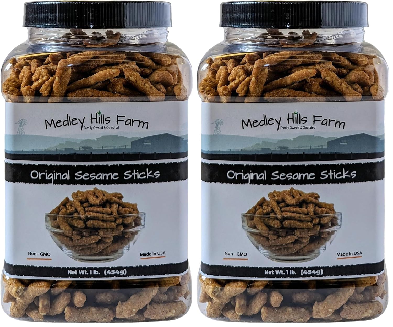 Sesame Sticks Original 1 lb. By Medley Hills Farm in Reusable Container - Delicious and Fresh Sesame Sticks Snacks - Ideal for Midday Snacking (Pack of 2)