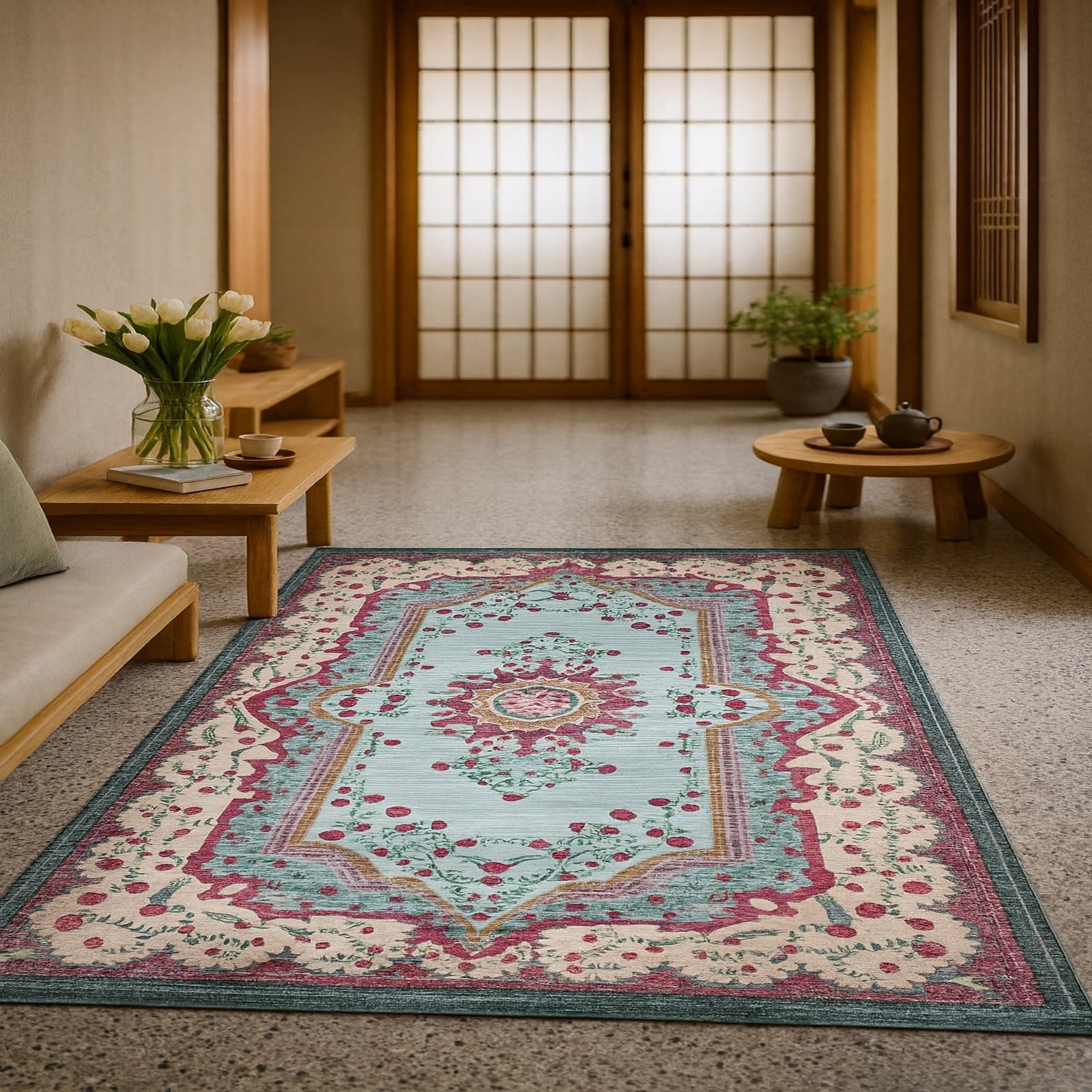 Tapis vintage floral 170x200 cm rouge bleu et beige pour chambre