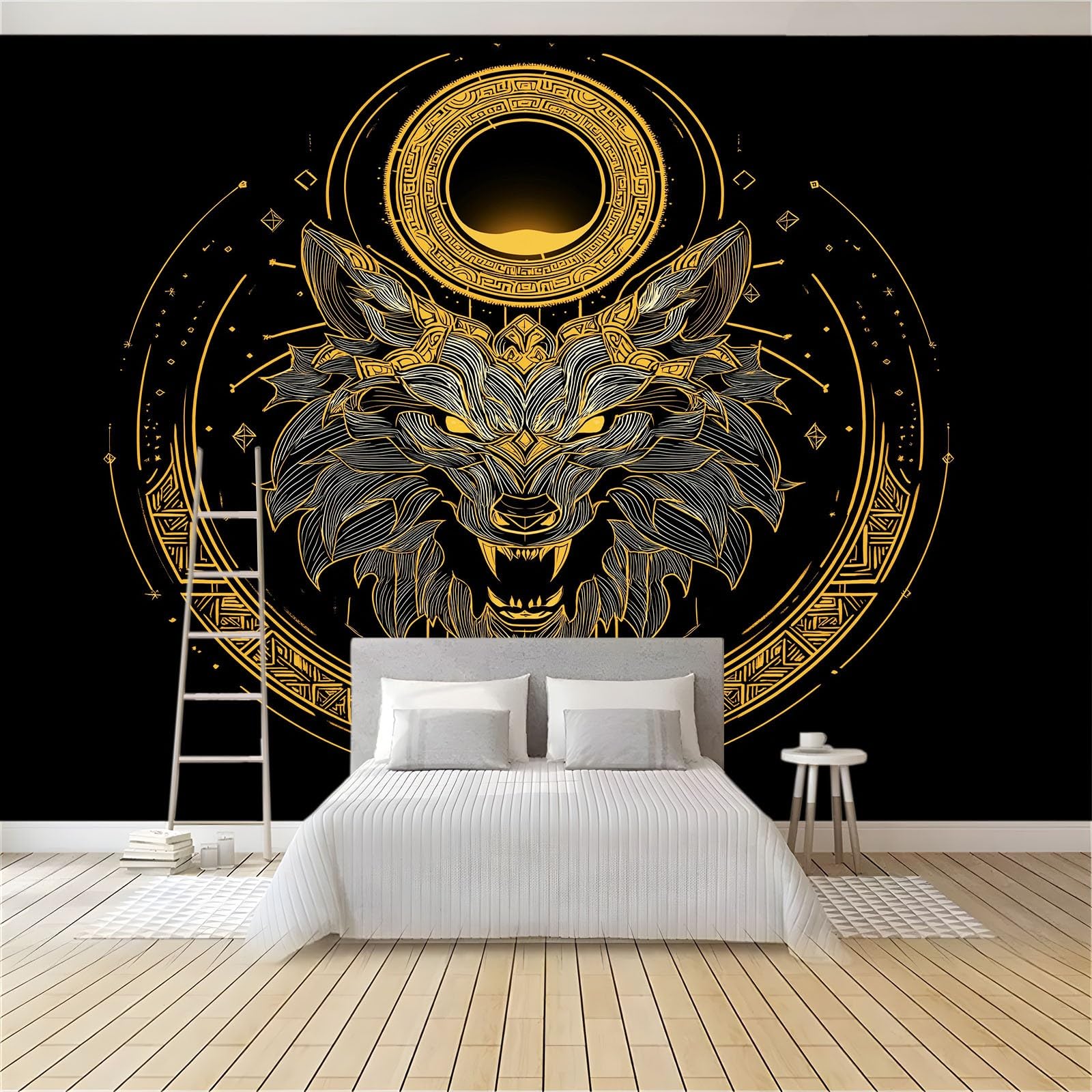Cool Tribal Totem geometryczna głowa wilka panoramiczna tapeta 200 x 140 cm, gigantyczny plakat ścienny z efektem 3D, dekoracja ścienna do salonu sypialni - czarna