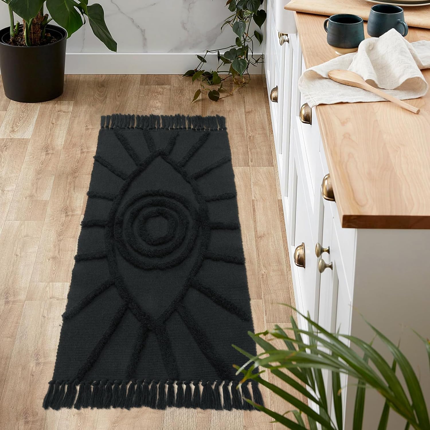 Uphome Kitchen Rug 2'x4.3' Washable Evil Eye Tufted Bathroom Runnner Rug with Tassels Soft Cotton Woven Boho Rug Farmhouse Aesthetic Dark Gray Accent Mat for Bedroom Entryway Laundry Room Porch