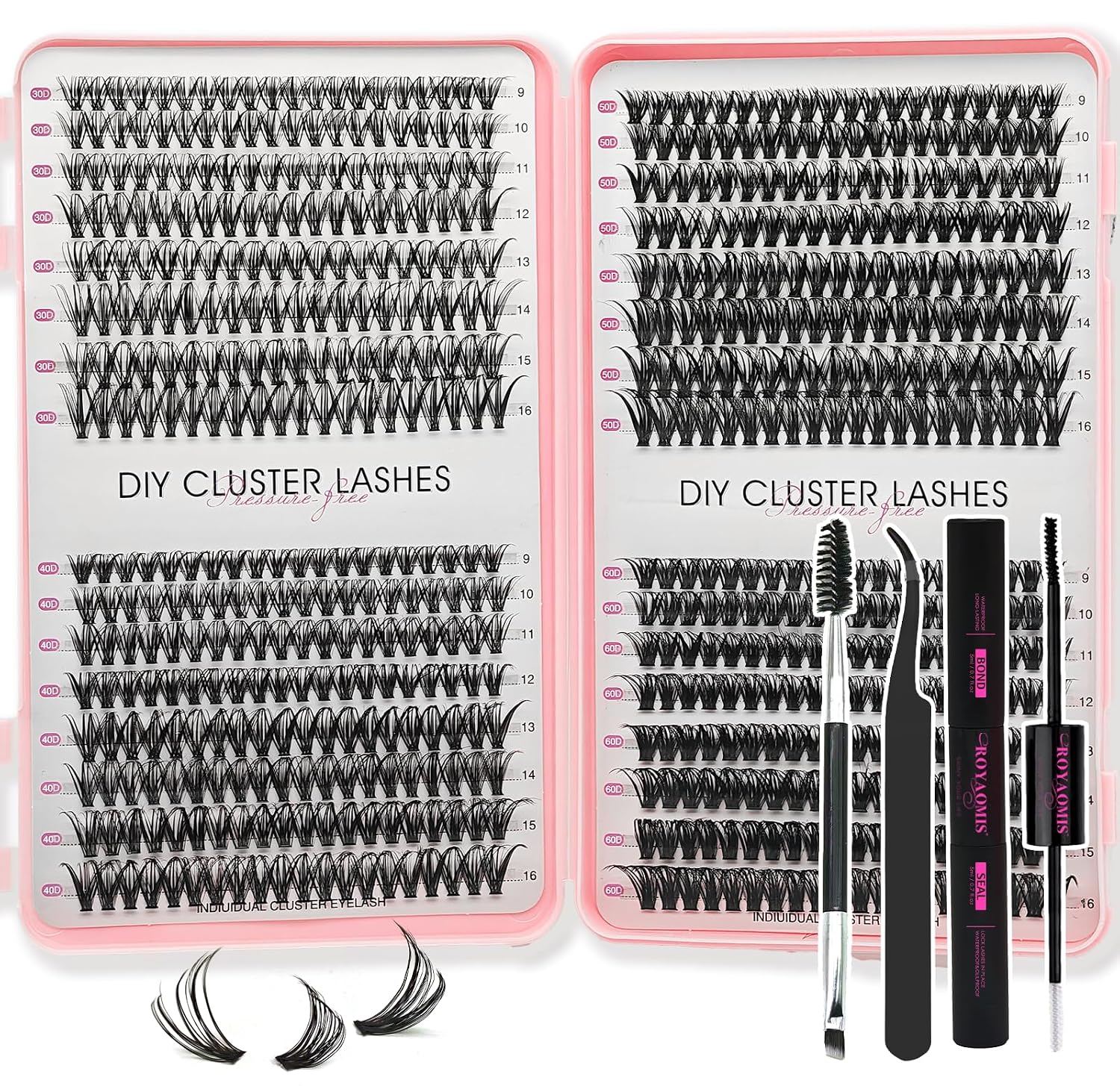 Lash Clusters Kit, 640Pcs 30D-60D DIY Eyelash Extension Kit, 9-16mm Mix Length Individual Cluster Lashes, Strong Hold Lash Bond and Seal, Anti-Slip Tweezers with Brush for Home Salon Daily Party Use