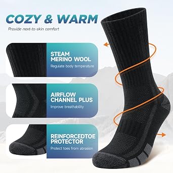 TANSTC Merino Wool Hiking Socks, Cushioned Walking Socks for Men Women