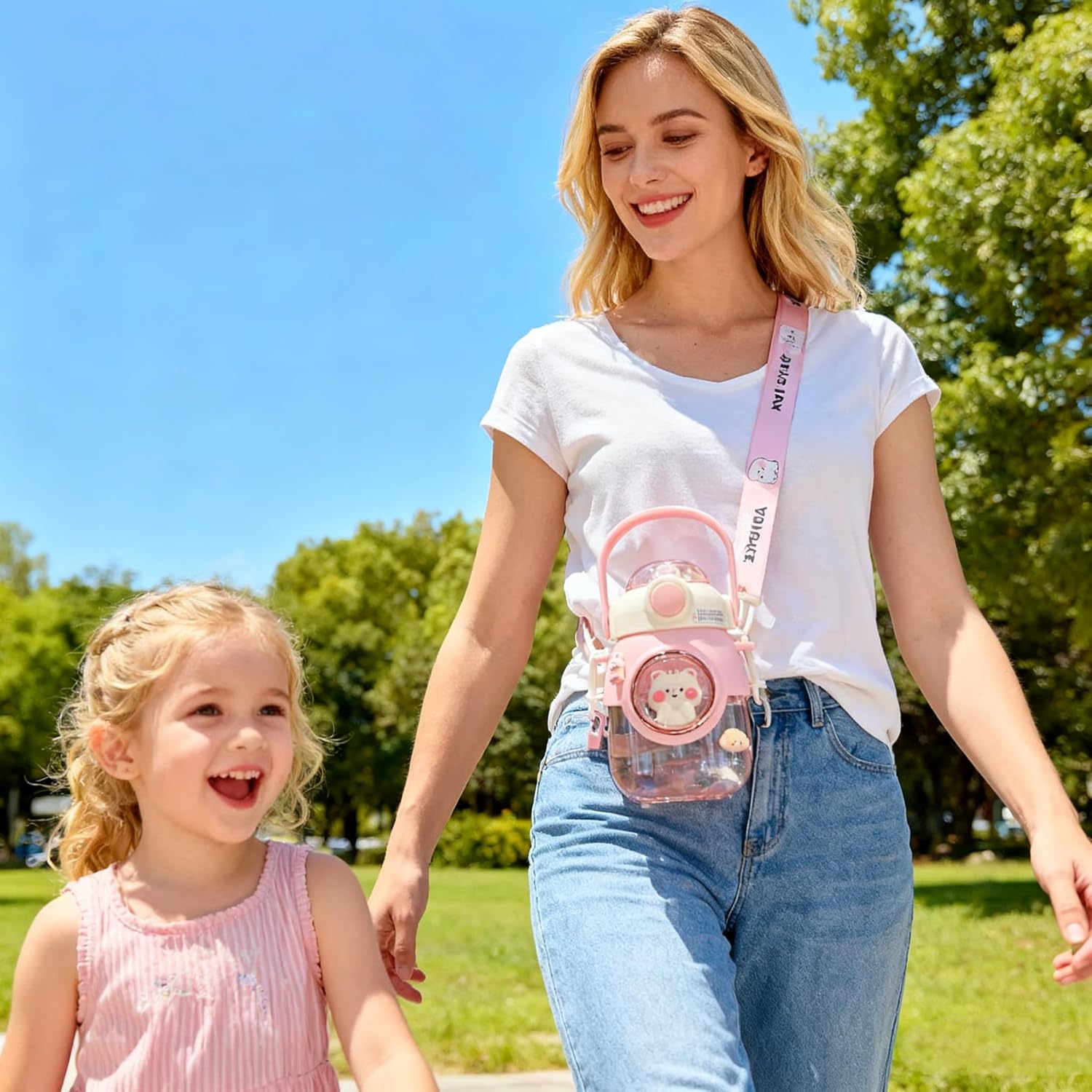 LEJN Kawaii Water Bottle with Adjustable Shoulder Strap Portable Leakproof BPA-free Cartoon Children Cup Capsule Bottle Traveling Hiking (Pink820ml) - Image 2