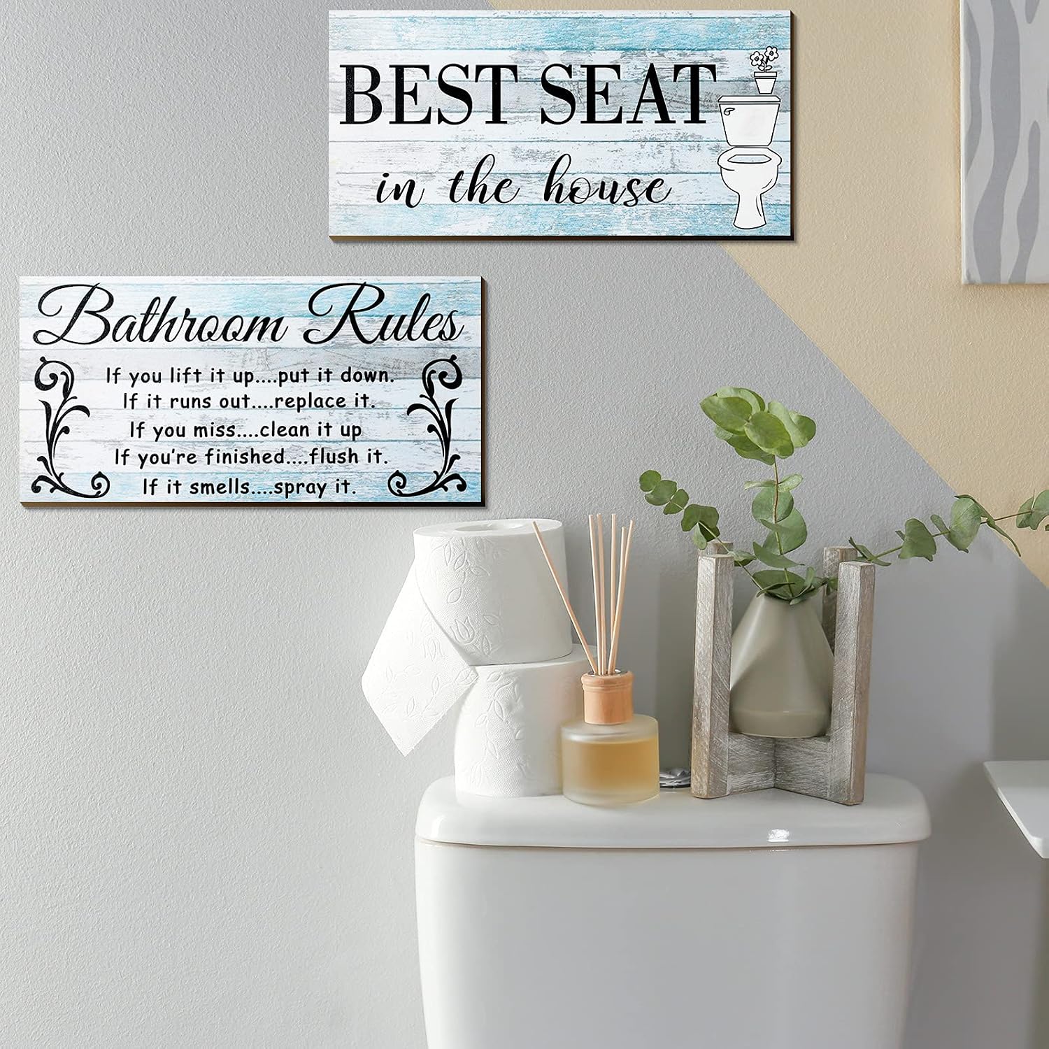 Jetec 2 Pieces Funny Bathroom Pictures Wall Sign Decor Farmhouse Bathroom Rule Wall Art Toilet Rustic Decoration Best Seat Wooden Sign(Fresh Style) image 4