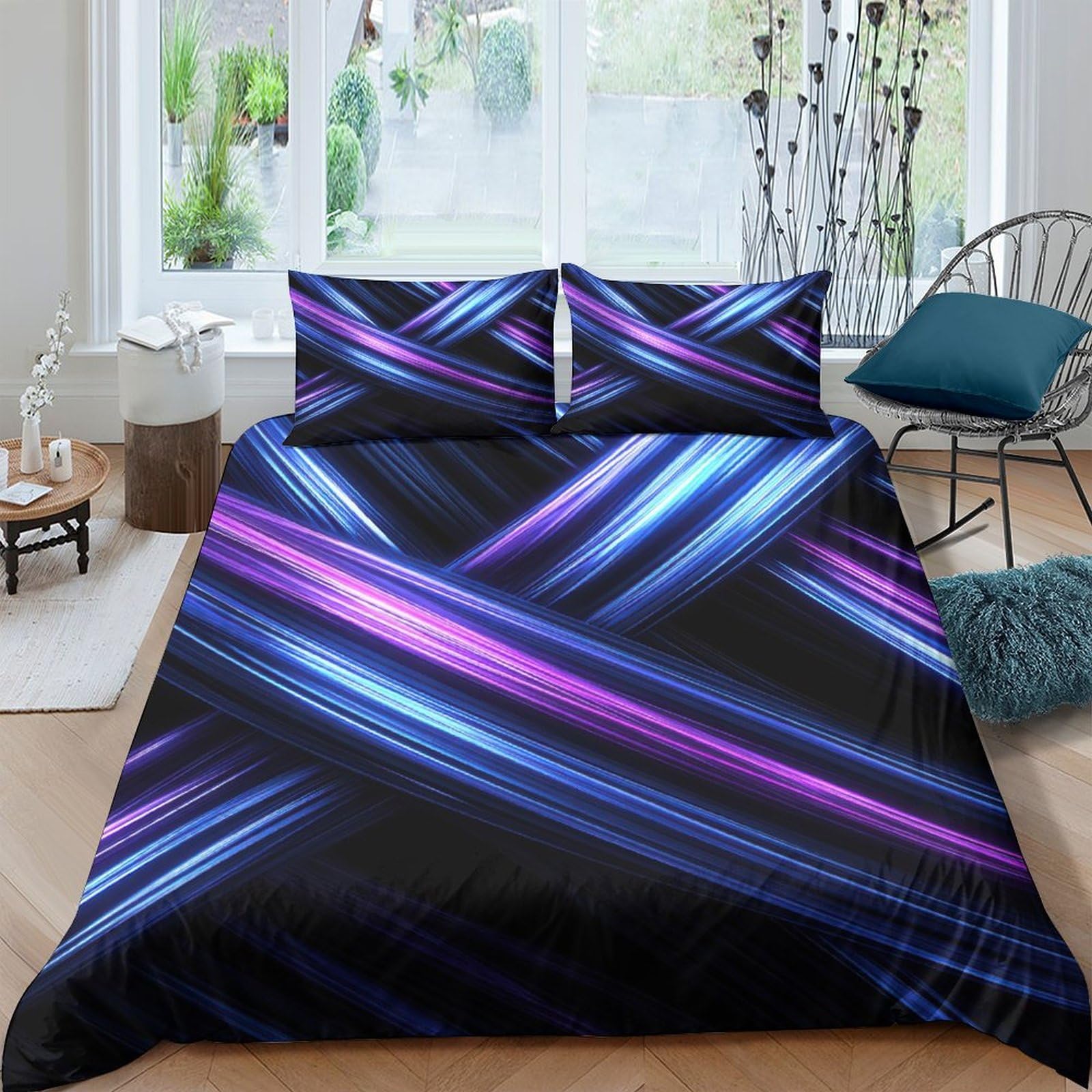 GPLZQXKJNH 3D Printed Neon Light Stripes Duvet Cover Microfiber Soft Breathable Gradient Bedding Set with 2 Pillowcases for Bedroom Decor Single（135x200cm）