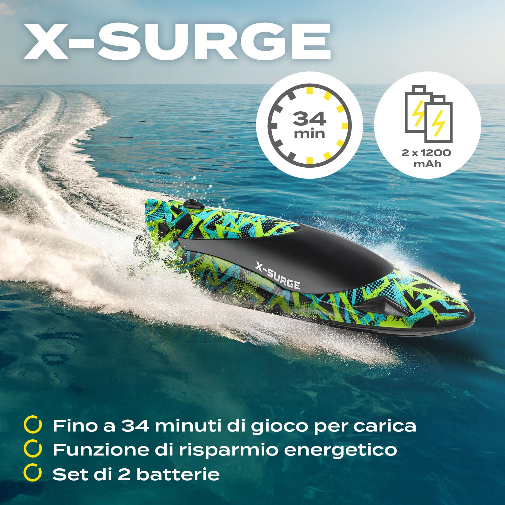 OVERMAX X-SURGE Barca da Corsa RC Telecomandata con Luce LED 35 km/h 1200 mAh Batterie 30 min di Divertimento Controllo Velocità Portata fino a 100 m, Giocattolo per Piscine e Laghi