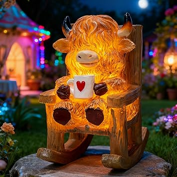 LIULO TOOL Solar Powered Miniature Highland Cow Decor, Fairy Garden Accessories, Outdoor Lights Solar Figures for Outdoor Garden Yard, Gift for Mom Grandma