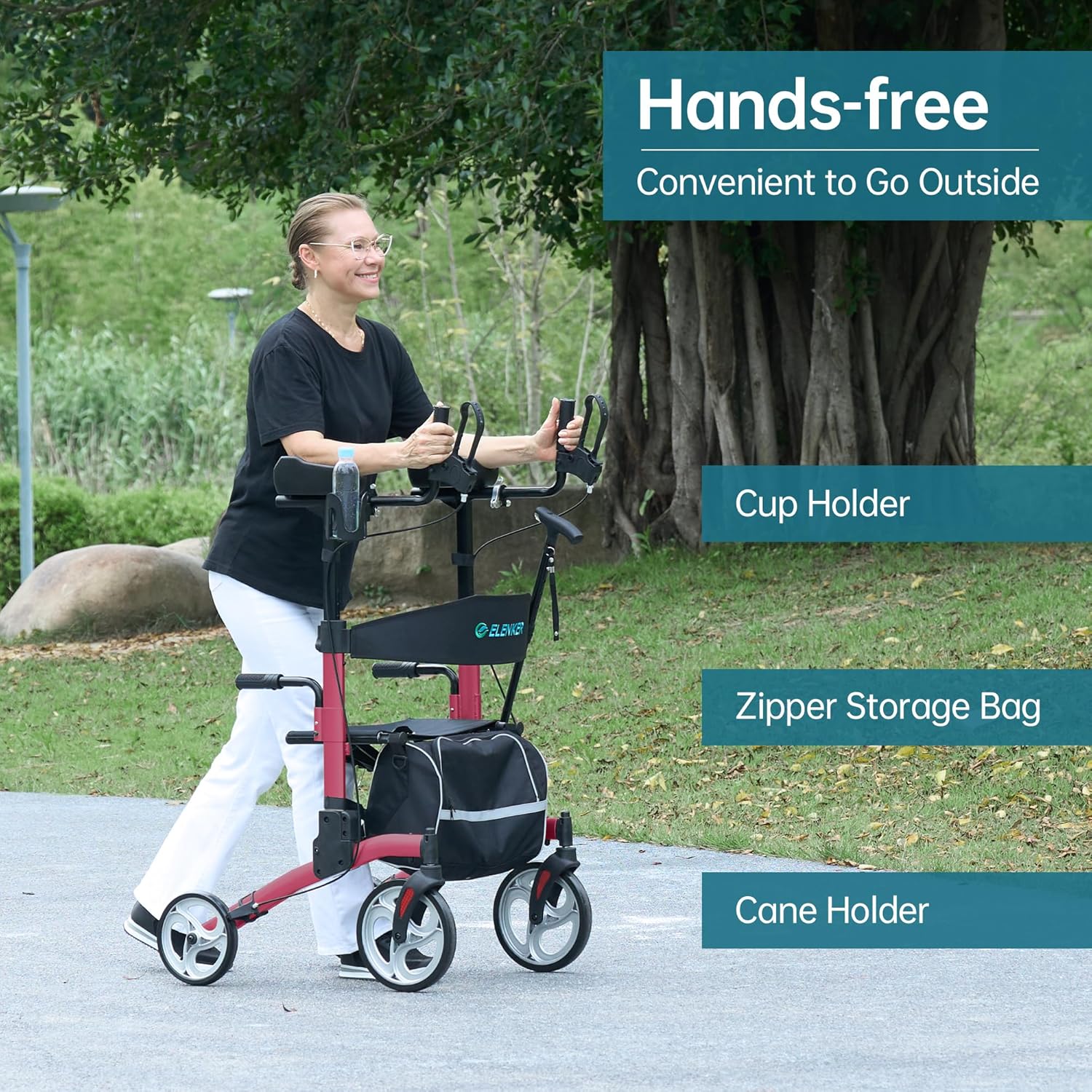 Person using the ELENKER Upright Rollator Walker, showing the cup holder, zipper storage bag, and cane holder in use.