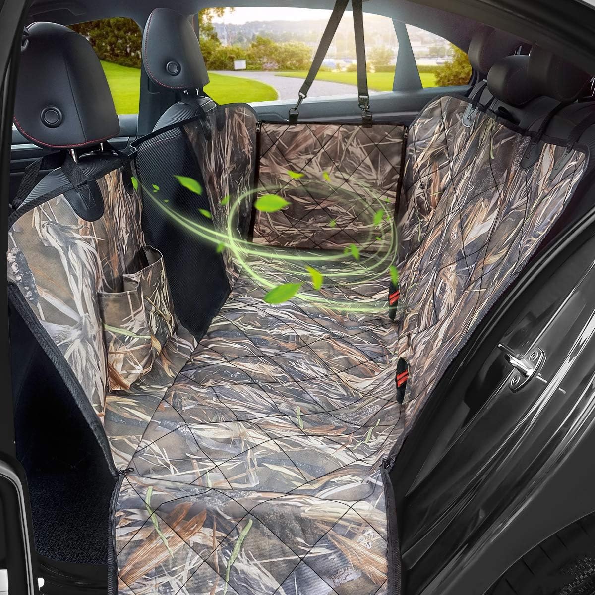 KIMHY Camo Dog Seat Cover for Pets, Car Back Seat Cover Hammock with Side Flaps, Mesh Window & Storage Bag, Waterproof Pet Seat Cover…