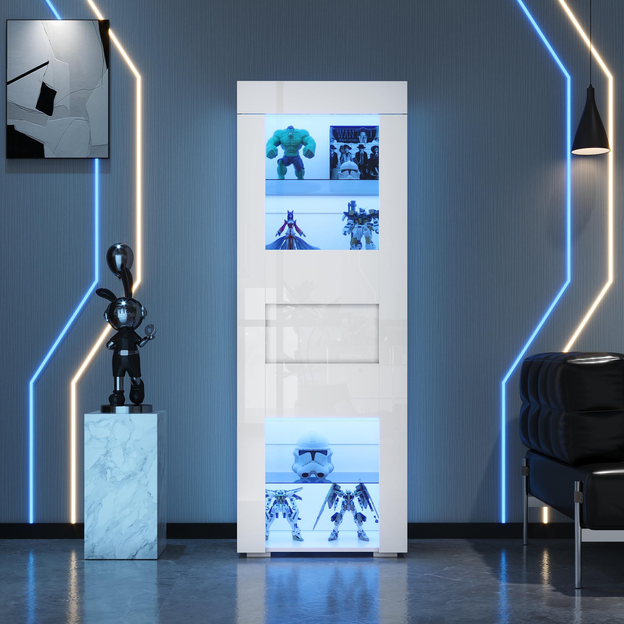 Armario, vitrina de puerta de armario de acrílico, armario de almacenamiento brillante con iluminación LED, 2 estantes de cristal, tablero alto, armario de salón, armario alto, armario de sofá, color