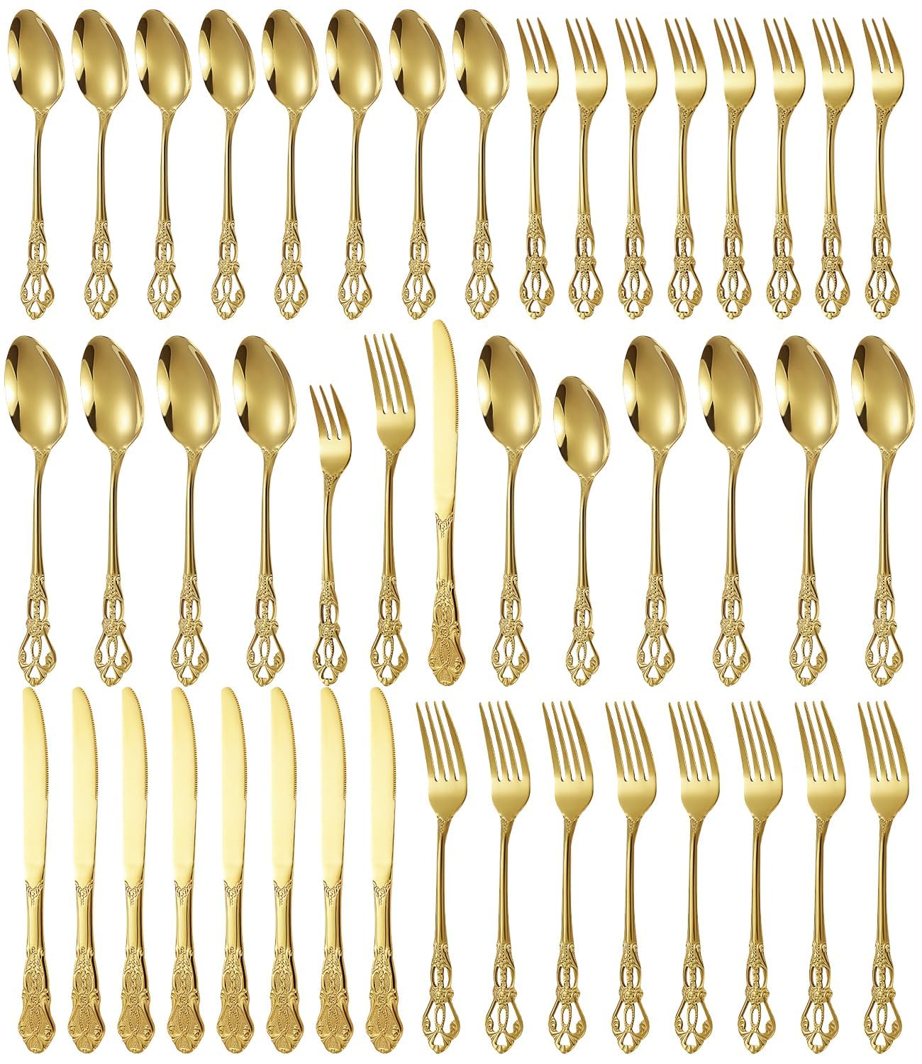 Set de Cubiertos 40 Piezas, Cubiertos Acero Inoxidable, Acabado Pulido Brillante, Juego de Cubertería con Cuchillo, Tenedor, Cuchara, Apto para Lavavajillas,Dorado