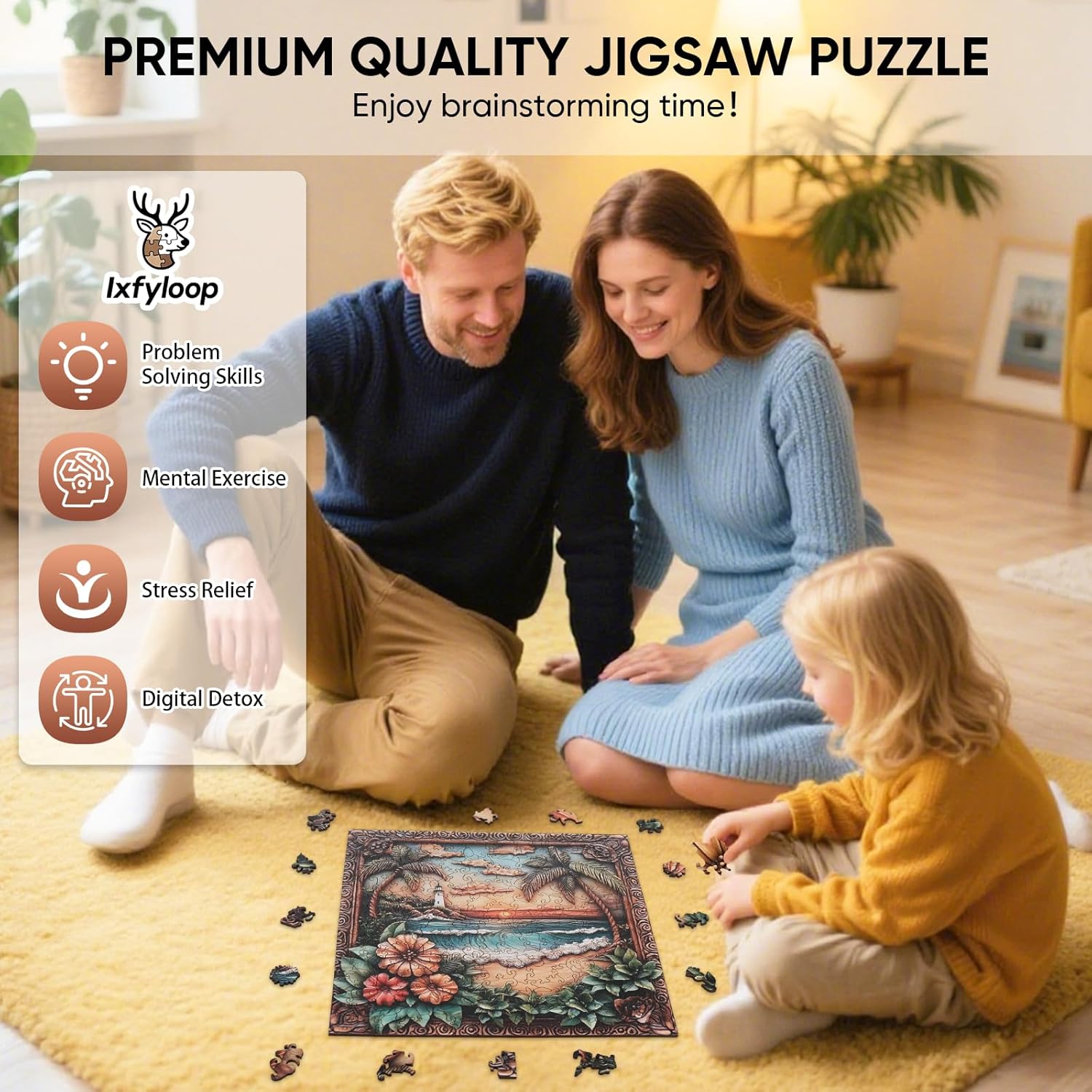 Ixfyloop Wooden Puzzles for Adults 500 Pieces, Lighthouse Wooden Jigsaw Puzzles, Seaside Dusk Adult Puzzles Wooden Toys Home Decor Gift Family Brain Game for Men Women Elders Seniors, 15.9x15.9 inch