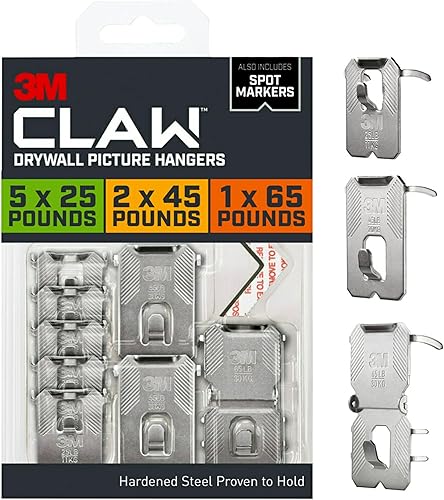 3M CLAW - Colgadores de cuadros para paneles de yeso 25, 45, 65 libras, paquete variado con marcadores de puntospaquete de 8 (plateado)