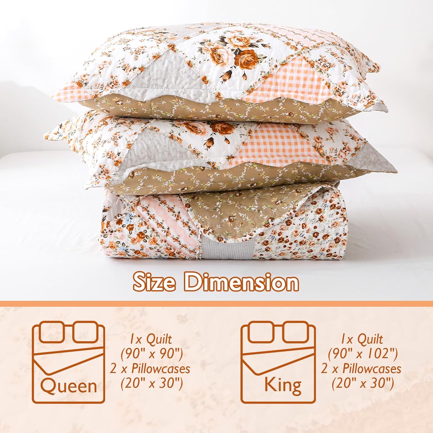 Patchwork Quilt Set Queen Size, 3 Pieces Floral Plaid Bedspreads Coverlet, Soft Microfiber Lightweight Bedding Set for All Season,Orange - Image 2