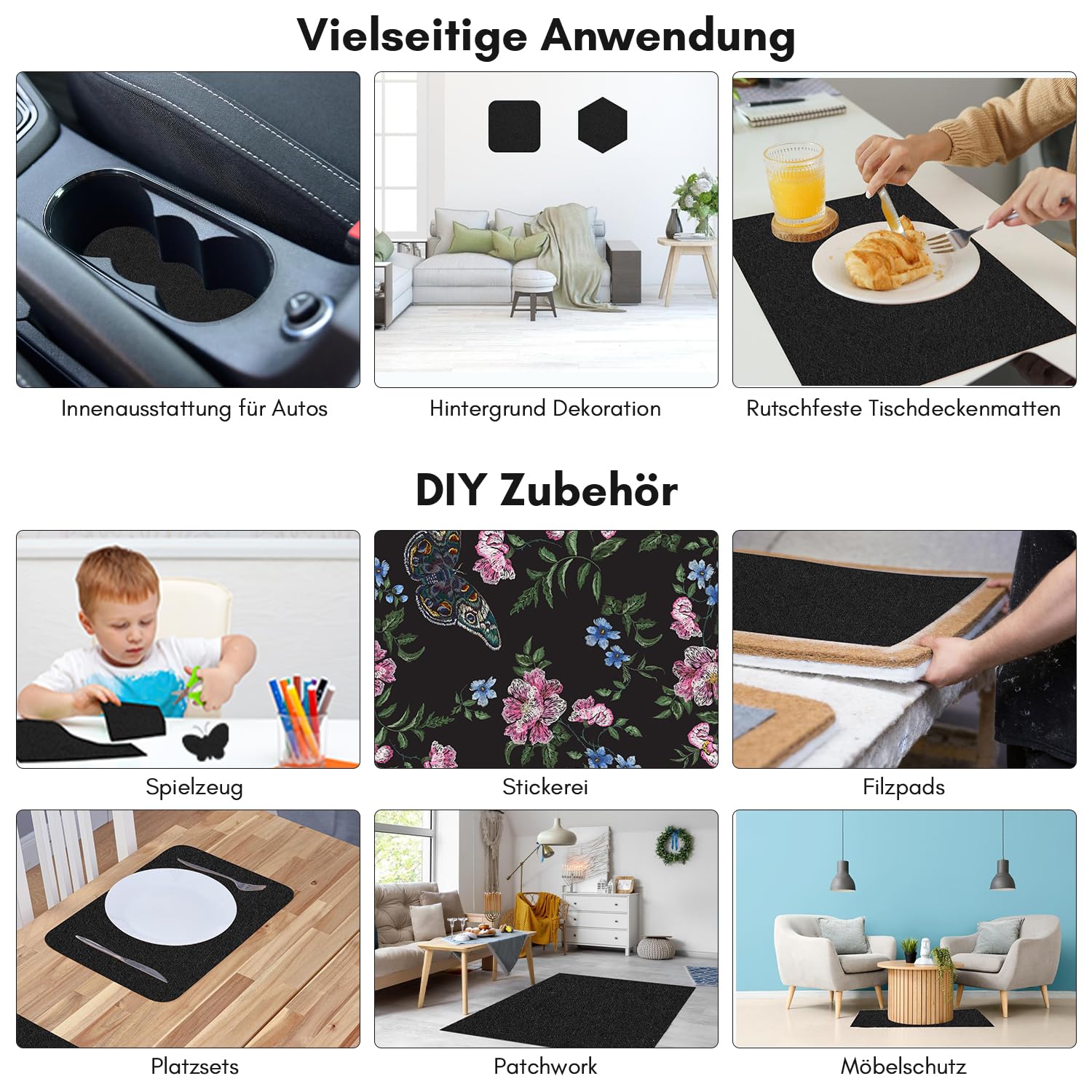 Fieltro autoadhesivo de 100 cm x 150 cm, 2 rollos de fieltro adhesivo autoadhesivo por metros, tela de rafia para manualidades, forro de caja de coche, 2,5 mm de grosor, 1 gris + 1 negro