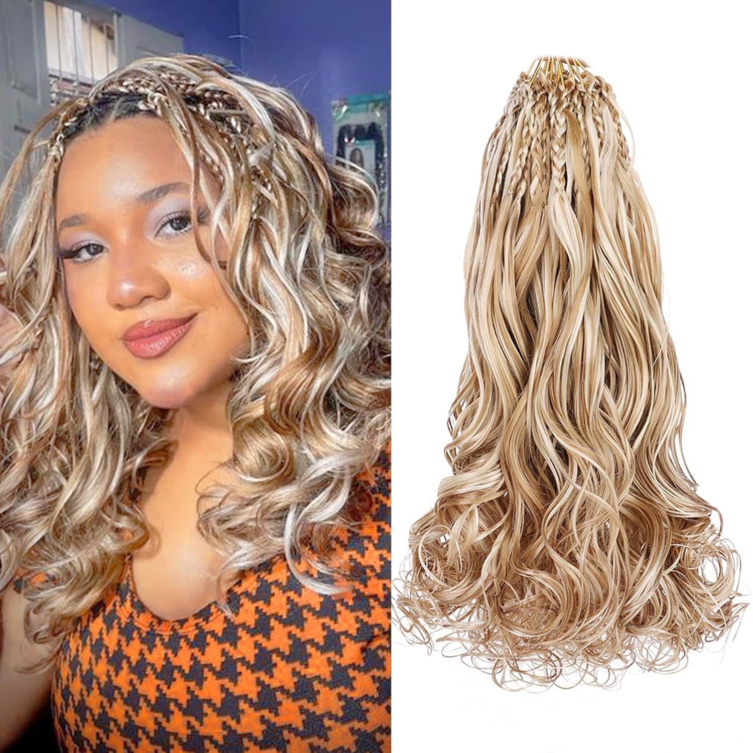 Leeven 14 Inch 8 Packs Boho French Curl Crochet Braids Mix Blonde Pre Looped Curly Crochet Hair Short Goddess Box Braids Loose Wave Synthetic Hair Extensions for Women Girl