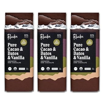 Raaka Cacao Date & Vanilla Chocolate Bars | Cane-Sugar Free | 3 1.8oz Bars | Date Sweetened Dark Chocolate. Allergen Friendly. Organic, Vegan, Soy Free, Gluten Free, Kosher, Dairy Free, Nut Free.