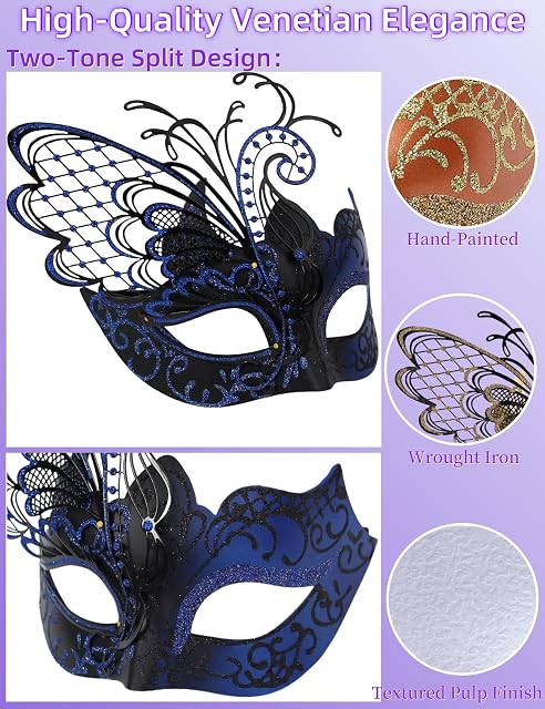 Foto 4 de 6 de Ubauta Máscara veneciana de metal con diamantes de imitación de mariposa azul y negra para bailes de máscaras