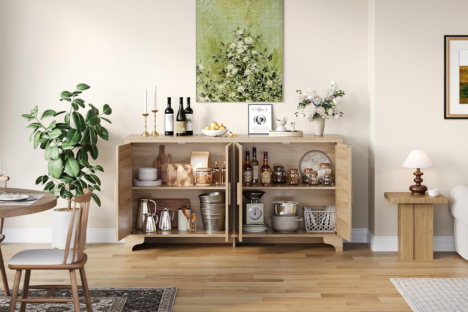 IDEALHOUSE Natural Rattan Sideboard Buffet Cabinet with Storage, Farmhouse Large Rattan Cabinet with 4 Doors, Wood Accent Coffee Bar Buffet Console Tables for Kitchen Living Room Entryway