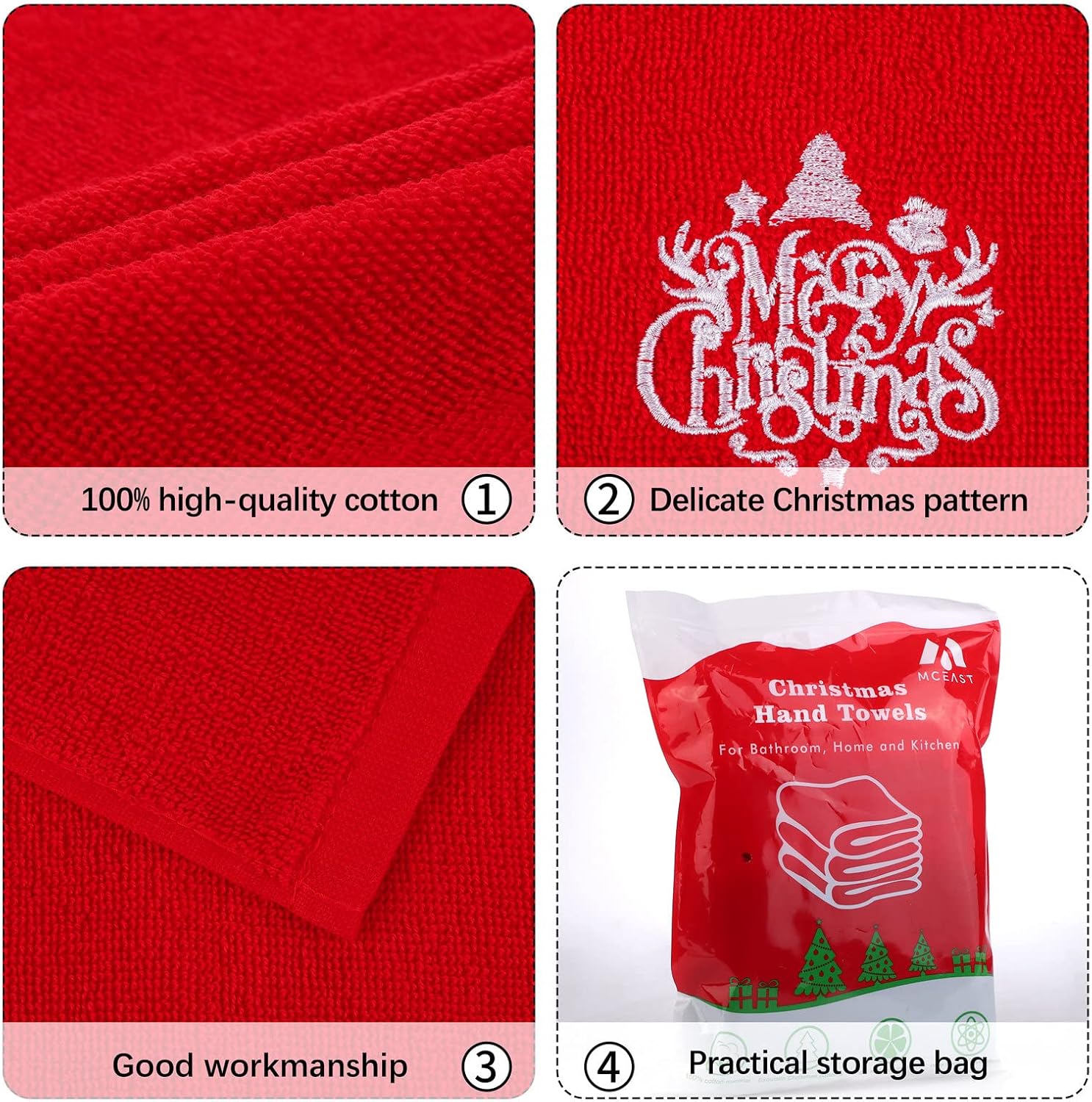 MCEAST 3 Pack Christmas Hand Towels Pure Cotton Towels Christmas Decorative Dish Towels Set for Kitchen Bathroom Home,12 x 18 Inches - Image 3