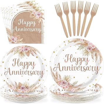 96Pcs Boho Happy Anniversary Party Decorations Bohemia Pampas Grass Plates and Napkins Blush Pink Floral Disposable Paper Tableware Set for Wedding Anniversary Party Supplies Serves 24