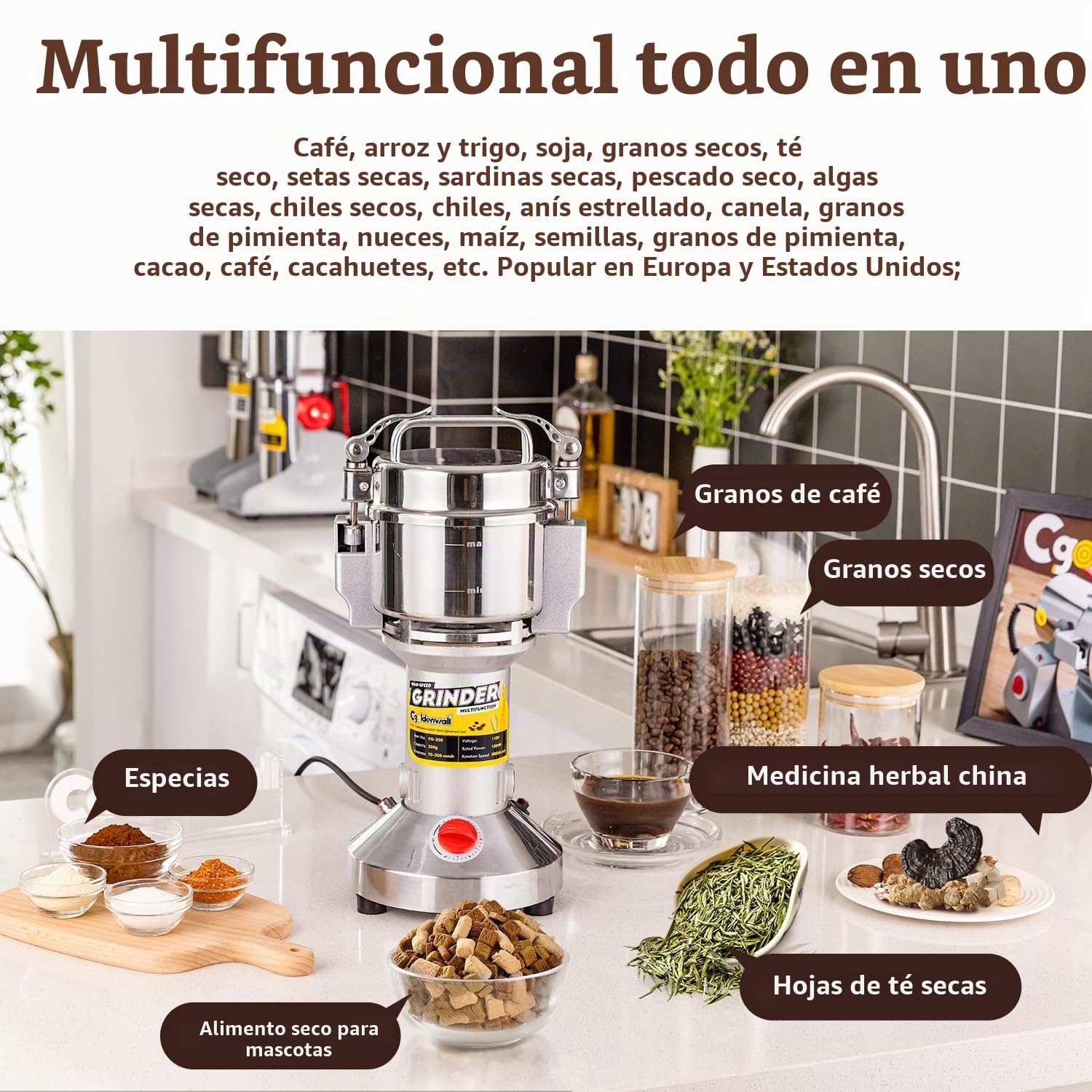 CGOLDENWALL Molino Eléctrico de Granos 300g, Open-Cover-Stop, Vertical | Acero Inoxidable, Superfino para Especia/Hierba/Café/Nuez, Protección de Sobrecarga, 28000RPM Alta Velocidad, 1500W