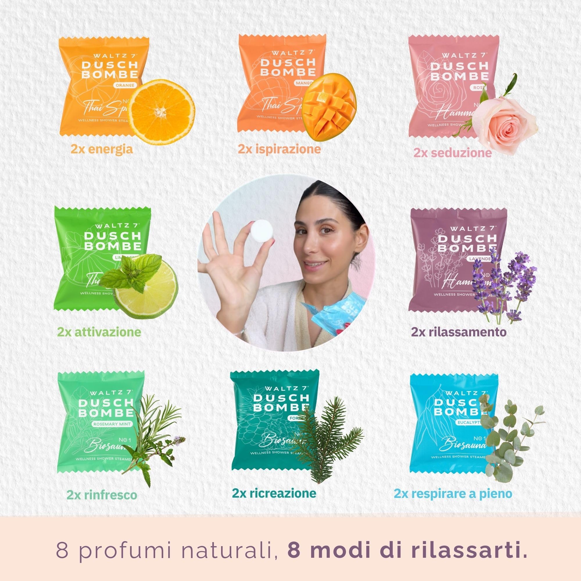 WALTZ 7 Set Bombe da Doccia, 16 Pastiglie, 8 Profumi Naturali, Aromaterapia per Relax e Benessere, Oli Essenziali, Idee Regalo Donna, Uomo, Compleanno, Originale Utile