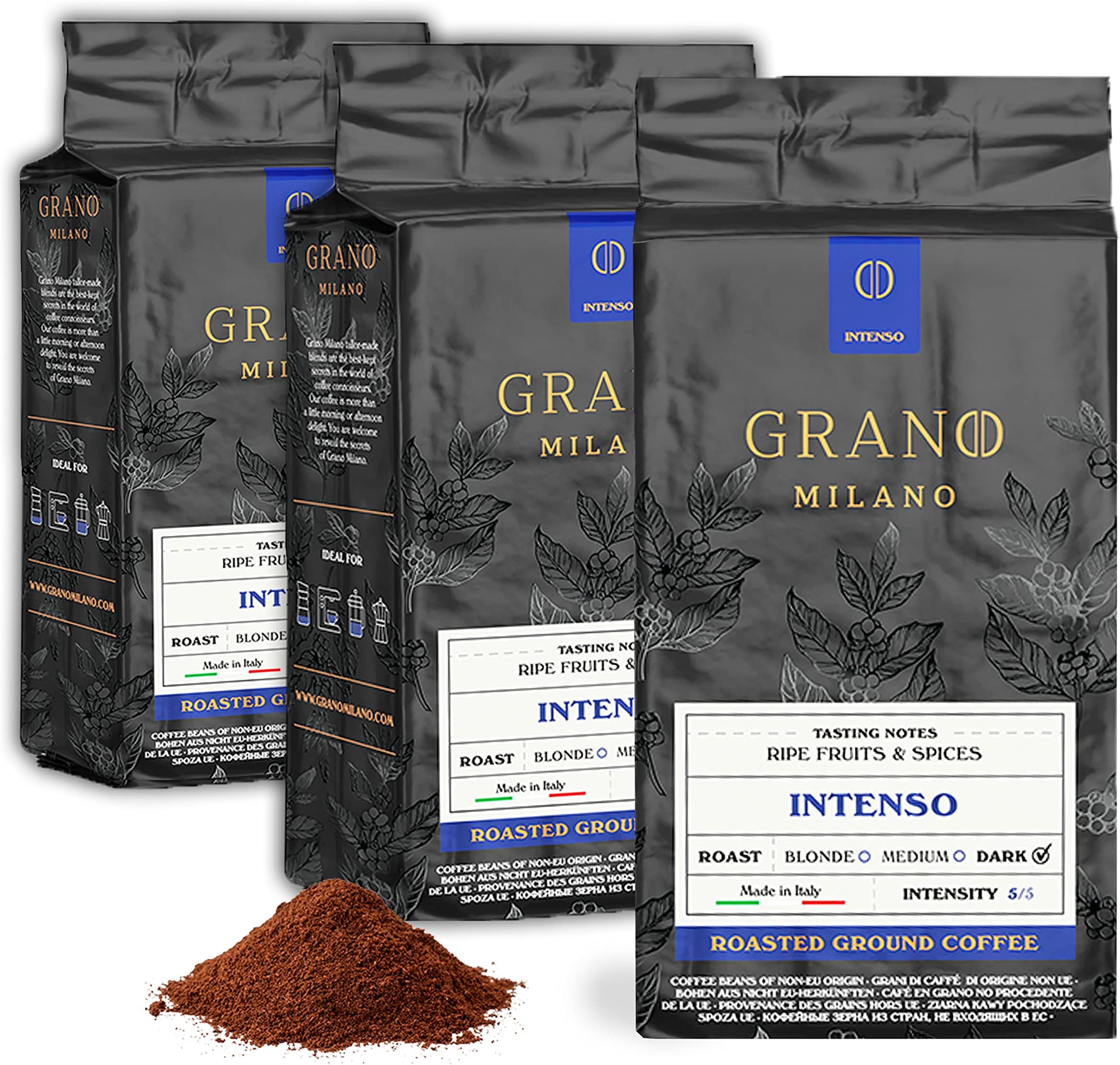 Ground Coffee 750g, Intenso Arabica and Robusta, Dark Roast Intensity 5/5 Extra Strong Coffee, Made in Italy