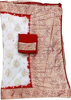 Anju Saree Center Women's Art Silk Jaipuri Rajasthani Banarasi Bandhani Bandhej Saree(Saree-21-White Red) Price In India
