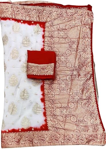 Anju Saree Center Women's Art Silk Jaipuri Rajasthani Banarasi Bandhani Bandhej Saree(Saree-21-White Red)