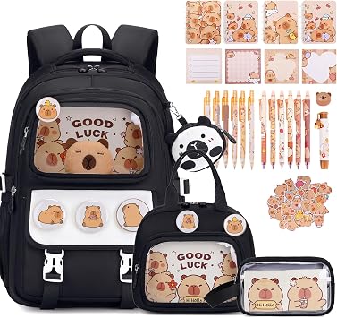Capybara Backpack for School Girls, 30PCS Capybara Gifts School Supplies Stationery Set with Lunch Box Pencil Case Pens Pencils Notebook Cartoon for Kindergarten Elementary StudentBlack