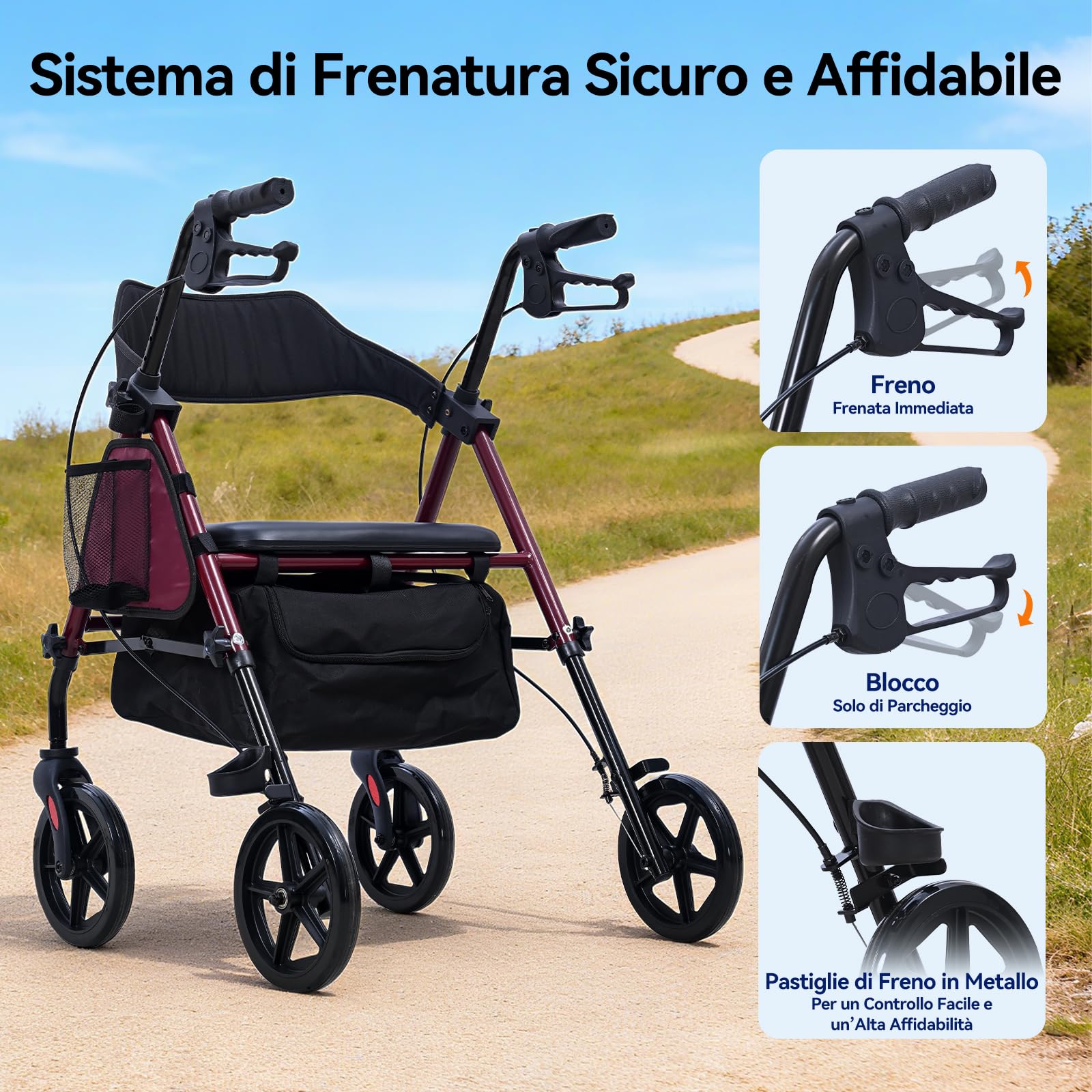 R4 deambulatore pieghevole con seduta, girello per anziani,altezza regolabile in 5 livelli su sedile e maniglie, Deambulatori a 4 ruote, Con borsa della e freni, portata max 100KG (R4-2)